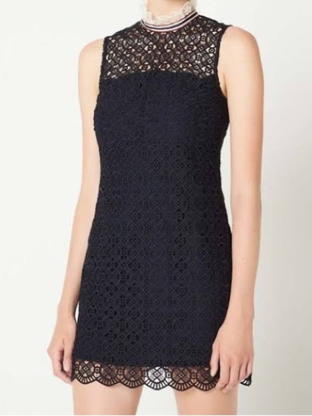Sandro Navy Sleeveless Lace Midi Dress with Striped Collar